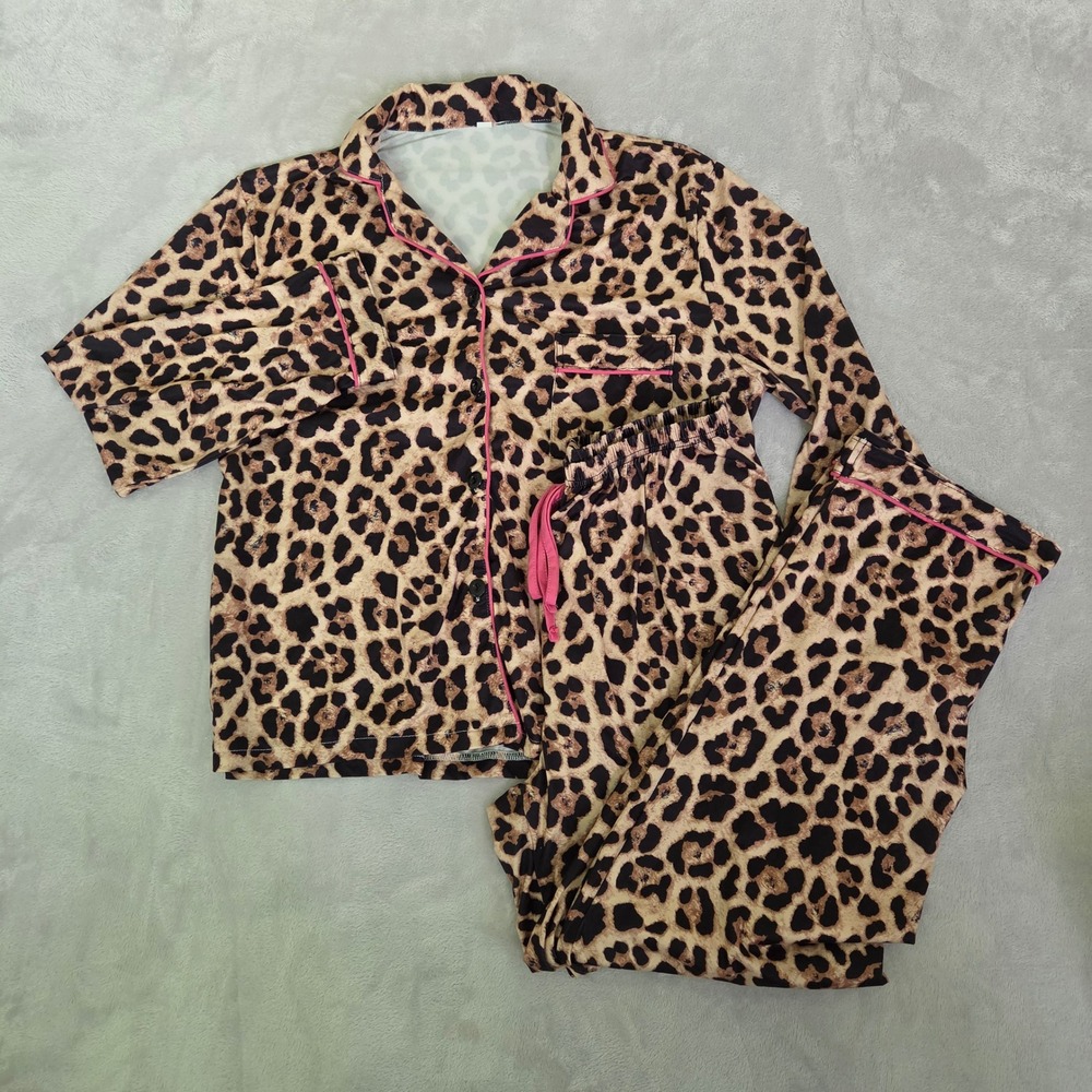 Leopard Print Pajama Set Pink Trim Size L Mob Wife Loungewear Sleepwear Pajamas